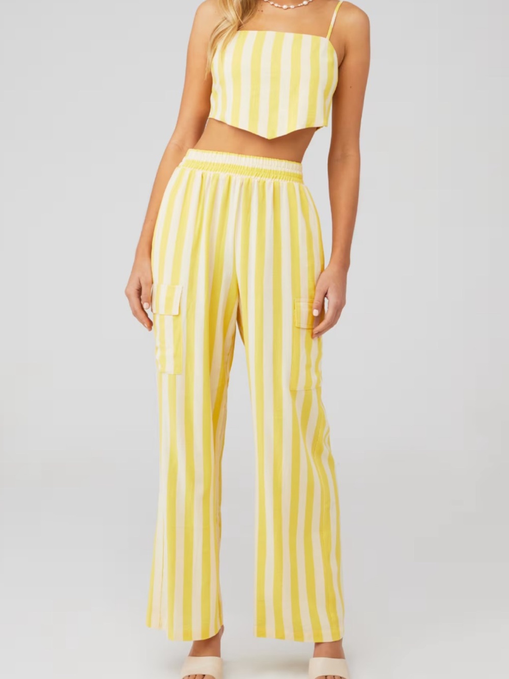 Show me your mumu coast cargo pants and top yellow stripe set